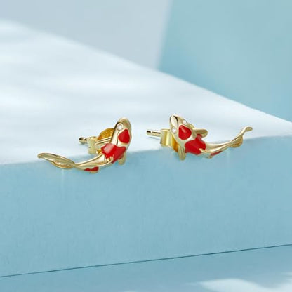 Cute Stud Earrings for Women Dachshund Koi Fish Sea Star Sea Turtle Sea Conch Earrings 14K Gold Plated Dainty Stud Earring funky Jewerly - color: Gold Koi Fish