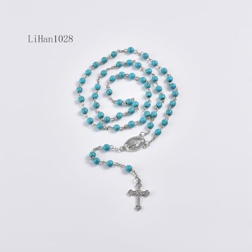 Catholic 6mm Round Natural Turquoise Bead Handmade Alloy Christian Vintage Cross Ornament Rosary Necklace