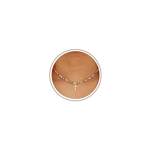 Colorful Beaded Cross Necklace for Girls Women, 14K Gold Plated Pendant Baptism Birthday Christian Religious Confirmation Trendy Stuff Gift 16+3 Inches - color: Gold, style: Bead