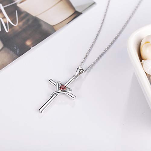 AmorAime 925 Sterling Silver Cross Necklace for Women Men 14K Gold Plated 5A CZ Birthstone Necklaces for Holiday - color: G.Dark Red-July-Ruby