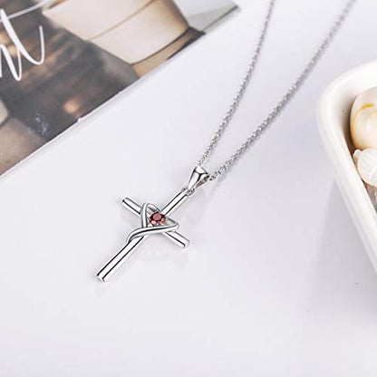AmorAime 925 Sterling Silver Cross Necklace for Women Men 14K Gold Plated 5A CZ Birthstone Necklaces for Holiday - color: G.Dark Red-July-Ruby