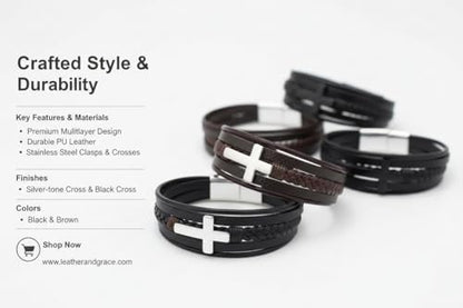 Stainless Steel Braided Leather Bracelet for Men Cuff Bangle Cross - color: 4 Colors