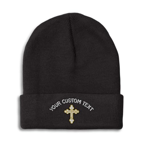 Custom Beanies for Men Gold Outline Orthodox Cross Faith Jesus God Skull Cap Winter Hats Women One Size - color: Black Personalized Text Here