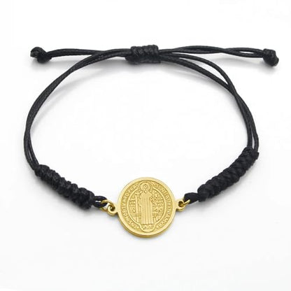 925 Sterling Silver San Benito Bracelet For Women And Men, Catholic Multicolor Bracelet St. Benedict Medal Hand Knitted Knot Coin Beaded Adjustable Religious Prayer Faith - color: Black Gold - San Benito Bracelet