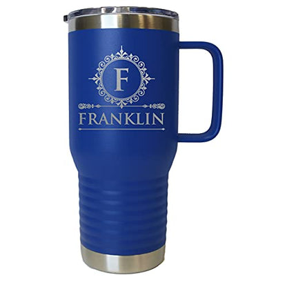 The Wedding Party Store Personalized 20 oz Stainless Steel Powder Coated Vacuum Insulated Double Walled Travel Tumbler Coffee Mug with Handle and Lid (Royal Blue) - color: Royal Blue