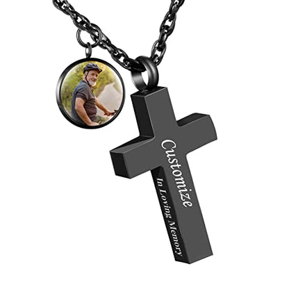 Cremation Cross Necklace for Ashes Stainless Steel Cross Urn Necklace Ashes Holder Memorial Jewelry-In Loving Memory - color: Black, style: Customize