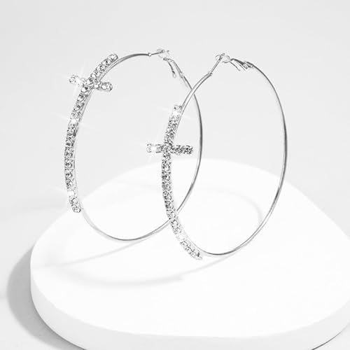 Large Cross Hoop Earrings for Women Sparkly Rhinestone Statement Jewelry for Prom Wedding Party Night Out Accessories Shiny Silver Tone Fashion Dangle Earings - color: Silver