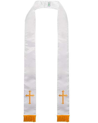 IvyRobes Unisex-adult's Satin Clergy Stole with Embroidery Cross 90"-4 Colors Available - color: White