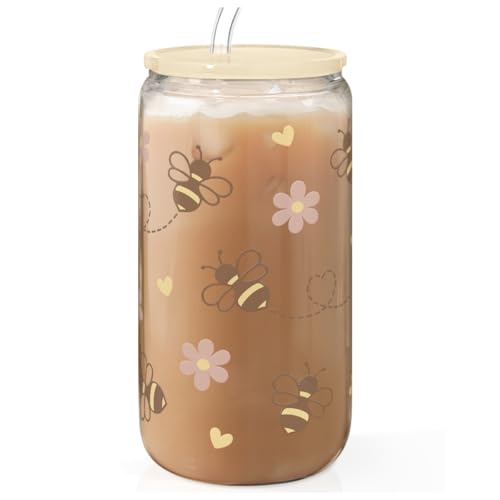 SANDJEST Bee 16oz Can Glass Tumbler with Acrylic Lid & Straw - Iced Coffee Cup for Women Girls, Aesthetic Cups Gifts for Birthday Christmas - color: Bee