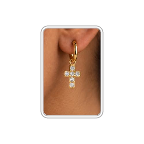 Dangle Earrings for Women, Dainty Huggie Hoop Dangle Earrings - color: Cross 01 Dangle Gold