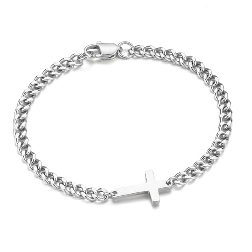 M MOOHAM Cross Bracelet for Men, Silver/14K Gold Plated Mens Bracelet - color: Silver Plated Cuban Chain-8.3Inch