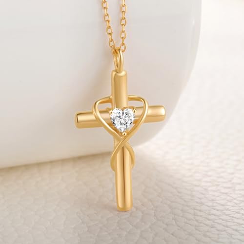 18K Gold Plated Cross Necklace for Women, 925 Sterling Silver Necklaces for Women, Infinity Heart Jewelry with 5A Cubic Zirconia, Anniversary Birthday Baptism Christian Gifts for Women Wife Her - color: Gold