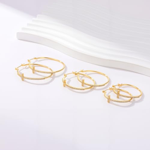 Gold Cross Earrings for Women 14K Gold Hoop Earrings Shining Trendy with Cubic Zirconia Mix of Style and Personality Large CZ Hoops Earring 30/35/40mm - size: 40mm