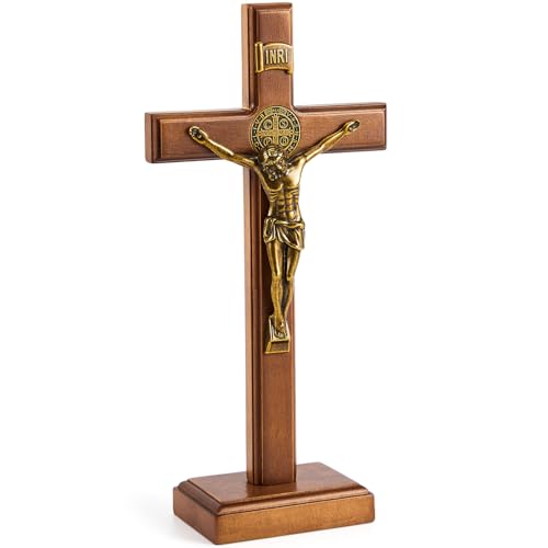 Leinuosen 10 Inch Wood Standing Cross Crucifix Wall and Table Catholic Wooden Cross Decor Jesus Christ Decoration for Home Baptism Communion Church(Golden,1 Pcs) - color: Golden
