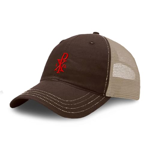 Custom Richardson Soft Mesh Cap Hat Embroidered Chi Rho with Alpha Omega Trucker Hats for Men & Women - color: Brown Khaki Design Only, size: One Size