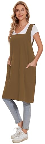 Linen Cotton Aprons for Women Smock Cross-Back Apron with Pockets - color: 07-brown, size: X-Large