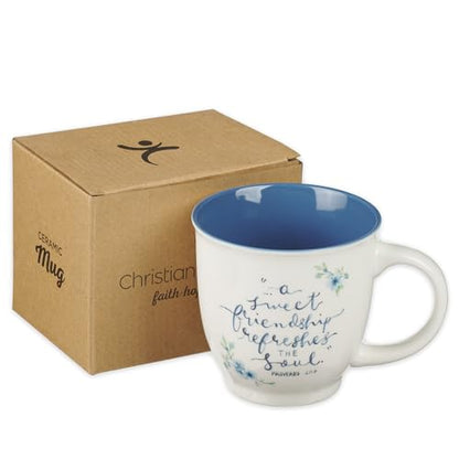 Christian Art Gifts Blue Floral Ceramic Coffee Mug – 14 oz. Microwave and Dishwasher-safe Inspirational Scripture Coffee and Tea Mug for Friends with Bible Verse: A Sweet Friendship – Proverbs 27:9 - color: Blue/Sweet Friendship