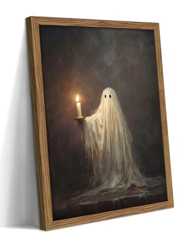Framed Cute Halloween Ghost Wall Art - Vintage Halloween Canvas Print, Ghost Holding Candle Picture, Dark Academia Horror Wall Decor for Living Room Bedroom, 8x10in Wood Frame - color: Ghost with Candl, size: 10"L x 8"W