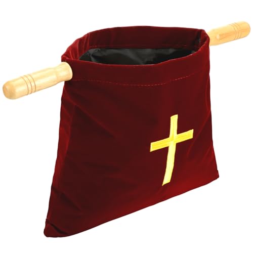 Abbylike Velvet Church Offering Bag with Wooden Handles 10 Inch Religious Offering Pouch Handle Church Collection Bag for Churches Communion Supplies (Red) - color: Red