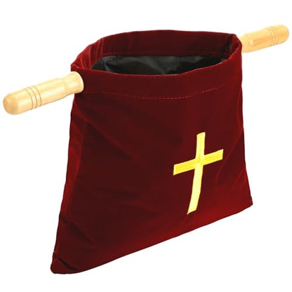 Abbylike Velvet Church Offering Bag with Wooden Handles 10 Inch Religious Offering Pouch Handle Church Collection Bag for Churches Communion Supplies (Red) - color: Red