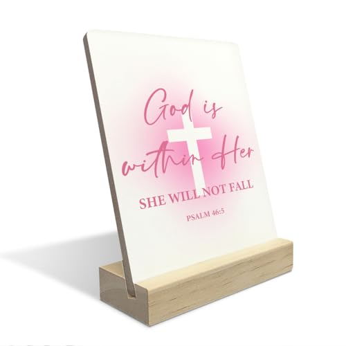 Christian Home Decor, Religious Gifts, Christian Decor, God Is Within Her She Will Not Fall Wooden Plaque Sign Bible Verse Decoration for Home Office Shelf Decor - color: God Is Within Her She Will Not Fall Psalm 46:5