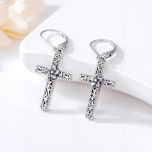 925 Sterling Silver Sunflower/Rose/Plumeria/Hibiscus/Mushroom Cross Earrings for Women Hawaiian Flower/Butterfly Cross Dangle Drop Earrings Jewelry Faith Christian Gift for Her Daughter Wife Girlfriend - style: Plumeria Cross