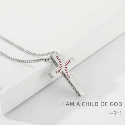 Baseball Bible Verse Cross Necklace for Boys Men, Stainless Steel Cross Pendant Baseball Game Day Christian Religious Jewelry Gifts for Teen Boys Kids - color: Silver, style: I AM A CHILD OF GOD
