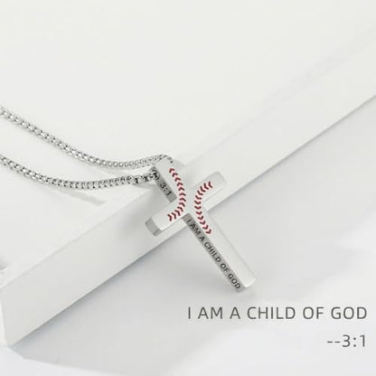 Baseball Bible Verse Cross Necklace for Boys Men, Stainless Steel Cross Pendant Baseball Game Day Christian Religious Jewelry Gifts for Teen Boys Kids - color: Silver, style: I AM A CHILD OF GOD