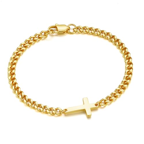 M MOOHAM Cross Bracelet for Men, Silver/14K Gold Plated Mens Bracelet - color: 14K Gold Plated Cuban Chain-7.5Inch