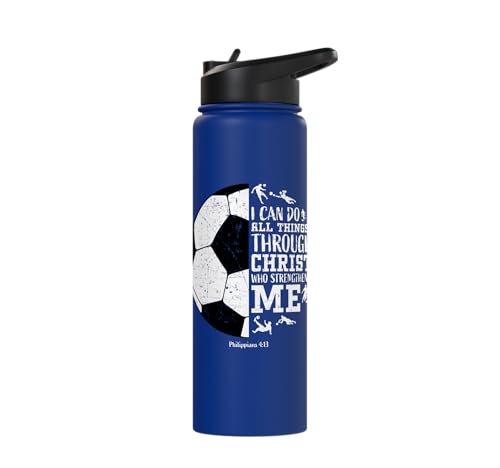 Christian Soccer Faith Graphic Bible Verse Philippians 4:13 Stainless Steel Insulated Water Bottle - color: Royal Blue