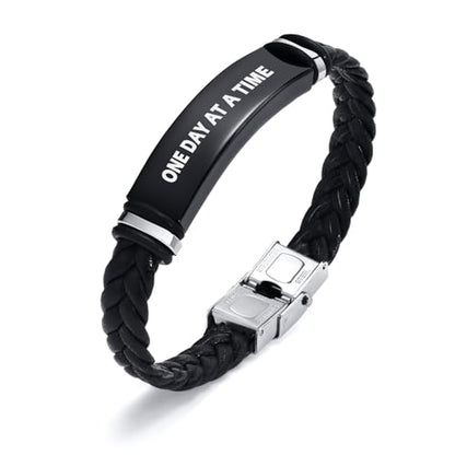 Leather Bracelet Sobriety Gifts for Men : Inspirational Quote/Bible Verse Engraved Braided Black Mens Bracelet for Him, Customized Religious Christian Gift Jewelry for Son/Dad/Boys/Boyfriend/Husband - style: 10:One day at a time