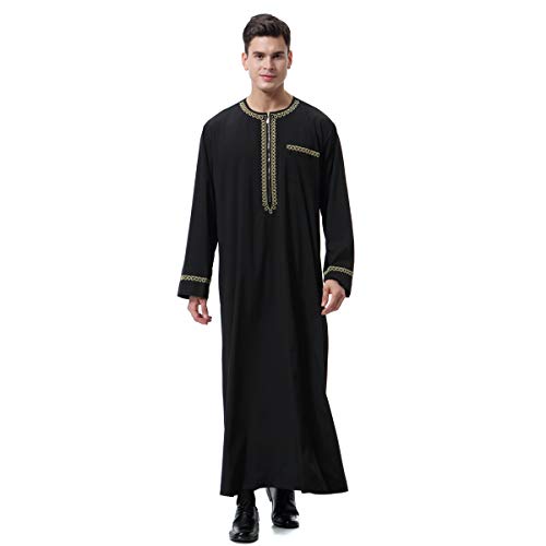 Lenmipot Men's Muslim Clothes Durable Kaftan Robe Dubai Long Gown Ethnic Clothes,1pc Soft Robe - color: A Black, size: Medium