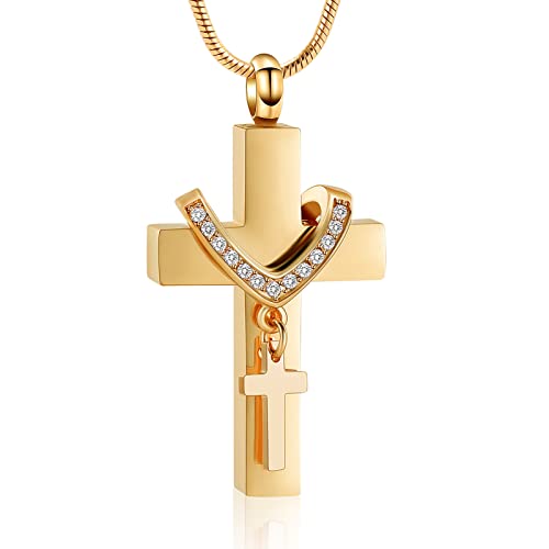 Cremation Jewelry for Ashes Pendant - Cross Urn Necklace with Mini Keepsake Urn Memorial Ash Jewelry - color: Gold