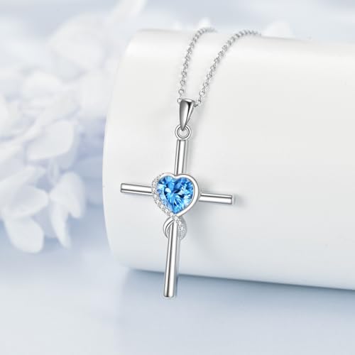 S925 Sterling Silver Cross Necklace for Women Birthstone Necklace Heart Infinity Cross Pendant Necklace Christmas Valentines Day Gifts Birthday Holiday Gifts for Her, 18"+2" Inches - color: 12-Dec Birthstone - Blue Topaz