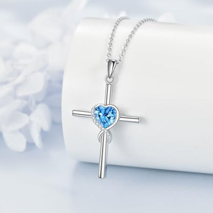 S925 Sterling Silver Cross Necklace for Women Birthstone Necklace Heart Infinity Cross Pendant Necklace Christmas Valentines Day Gifts Birthday Holiday Gifts for Her, 18"+2" Inches - color: 12-Dec Birthstone - Blue Topaz