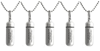 FIVE Classic Brushed Silver ANOINTING OIL HOLDER/Vial Necklaces with ENGRAVED BLESSING - Includes Velvet Pouches, Ball-Chains & Funnel - Great Chistmas Gift