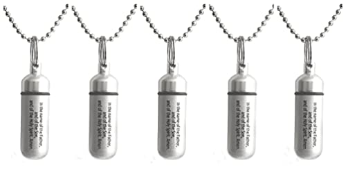 FIVE Classic Brushed Silver ANOINTING OIL HOLDER/Vial Necklaces with ENGRAVED BLESSING - Includes Velvet Pouches, Ball-Chains & Funnel - Great Chistmas Gift