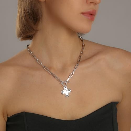 Chunky Cross Necklace for Women, 14K Gold Silver Pendant Necklace - color: White Gold-Toggle-1 inch pendant
