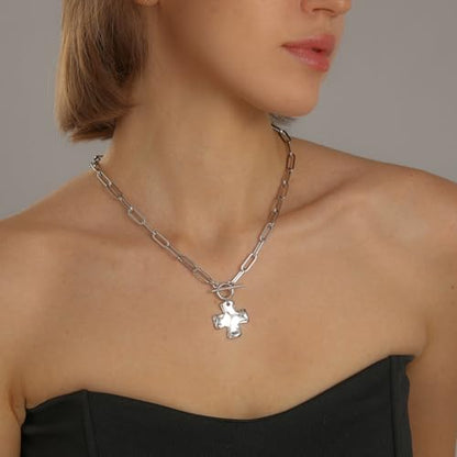 Chunky Cross Necklace for Women, 14K Gold Silver Pendant Necklace - color: White Gold-Toggle-1 inch pendant