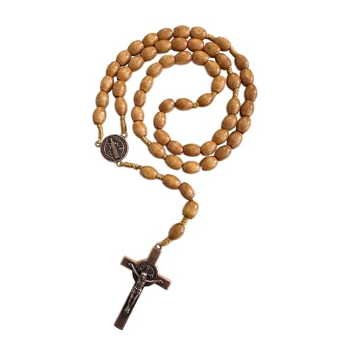 Bovemee Saint Benedict Medal Prayer Pocket Rosary Catholic Brown Wood Beads with Medalla de san benitol and Crucifix, 9 Inch - color: Yellow Benedict NK