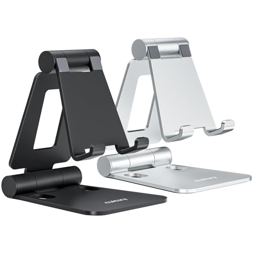 Nulaxy 2 Pack Aluminum Dual Folding Cell Phone Stand for Desk, Black&Silver - color: A-Black & Silver