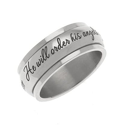 Beads & Pearls Jewelry 8mm Stainless Steel Women's Men's He Will Order His Angels To Protect You Wherever You Go Christian Religious Inspirational Spinner Ring, Sizes 6 to 9