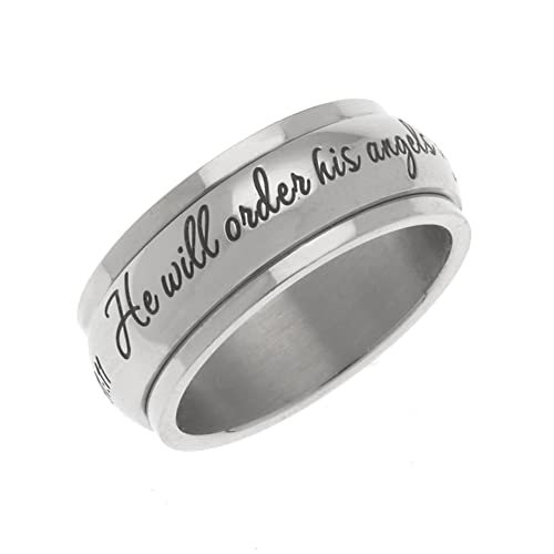 Beads & Pearls Jewelry 8mm Stainless Steel Women's Men's He Will Order His Angels To Protect You Wherever You Go Christian Religious Inspirational Spinner Ring, Sizes 6 to 9
