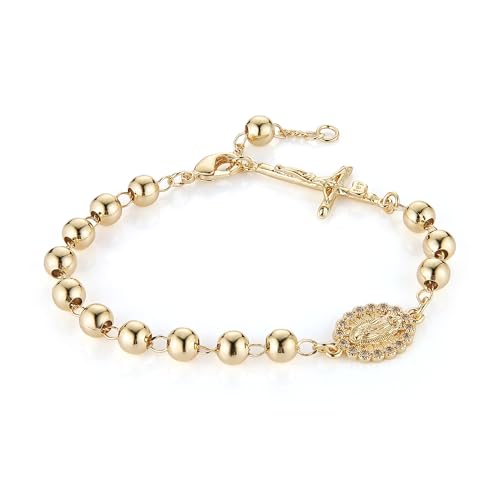 HZMAN Brass Virgin Mary Cross Rosary Bead Bracelet for Women - color: Gold Bead Crucifixed & Mary