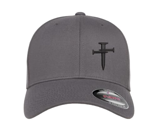 Nail Cross Christian Fitted Side Embroidered Hat Baseball Cap - color: Grey Curved Brim, size: Large-X-Large