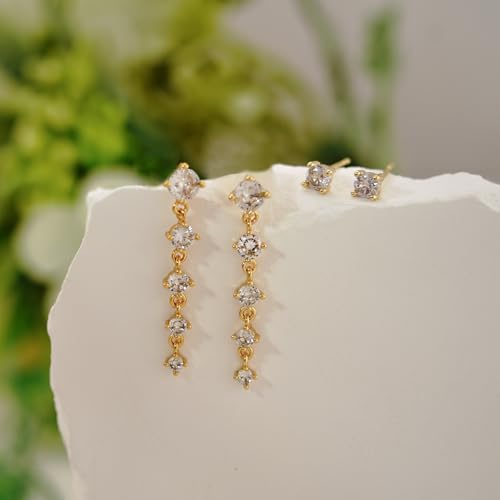 Bheop Gold Silver Dangle Earrings for Women, Cubic Zirconia Earring Stack - color: Gold-cz tassel stud set