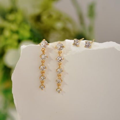 Bheop Gold Silver Dangle Earrings for Women, Cubic Zirconia Earring Stack - color: Gold-cz tassel stud set