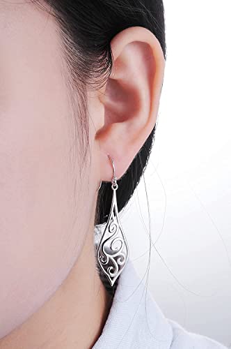 Sterling Silver Plated Dangle Earrings for Women, Oxidized Filigree Boho Vintage Jewelry, Lightweight Drop Earrings, Floral Peacock Angel Wing Leaf Designs, Gift for Women - color: Silver