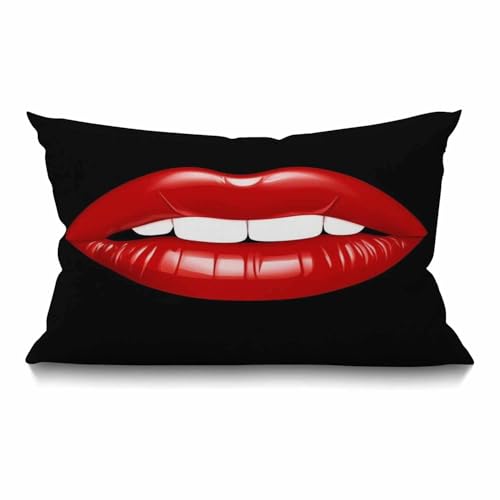 Smooffly Lip Pillow Case Decorative Throw Pillow Cover Red Lip with White Teeth Waist Lumbar Black Cotton Linen Throw Pillow case Cushion Cover for Sofa Home Decorative Oblong 12x20 Inches - color: Md040