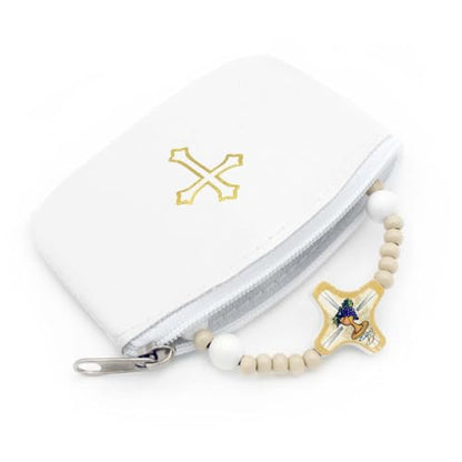 White Rosary Pouch with Zipper & Gold St. Thomas Cross Imprint | Compact Leatherette Rosary Case for Small to Medium Rosaries | Protective Travel Rosary Holder for Men & Women - color: White